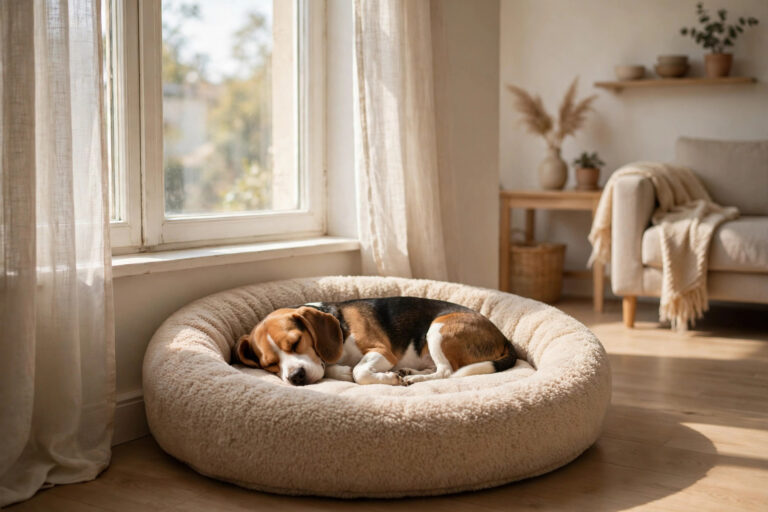 Beagle sleeping in a dog bed tucked into a cosy small apartment corner.