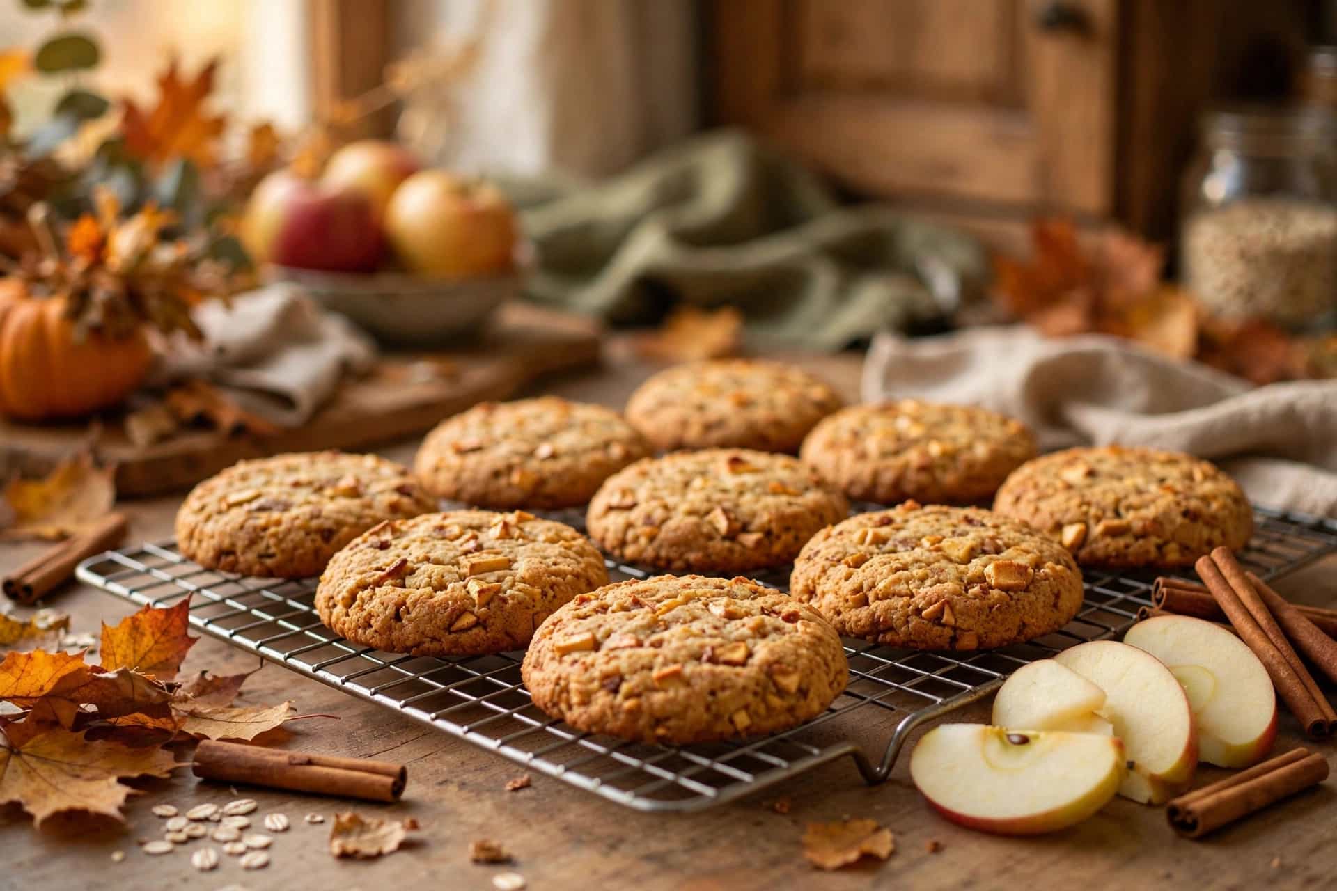 Homemade apple and cinnamon dog cookies cooling on a wire rack
