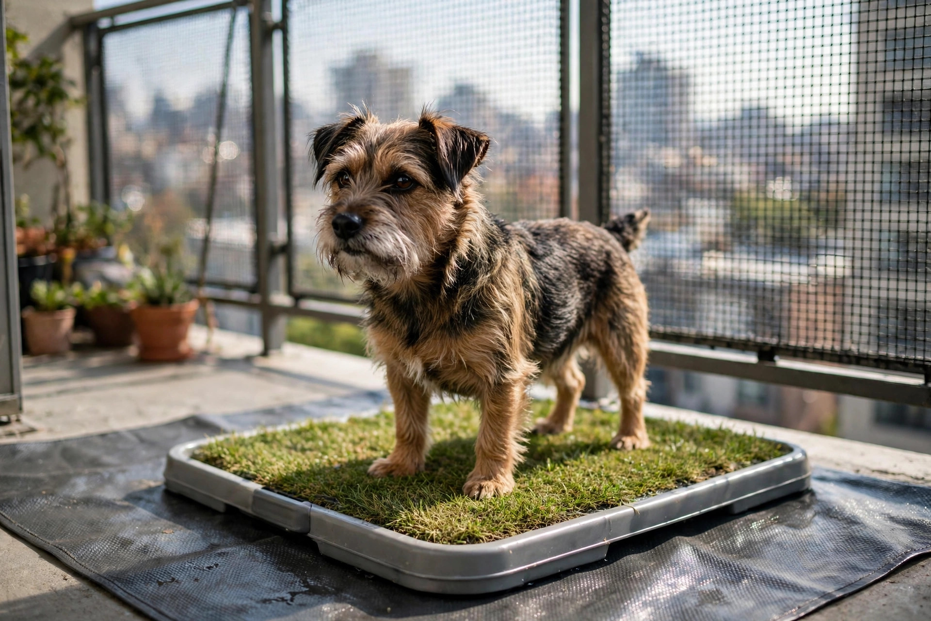 Small dog on a grass potty pad tray on an apartment balcony with mesh safety panels.