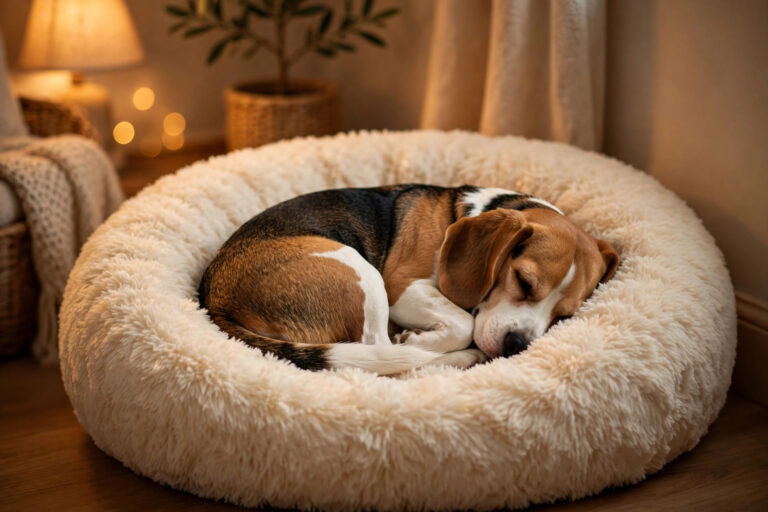 Small beagle curled tightly in a round plush faux-fur calming donut bed in a warm living room corner.