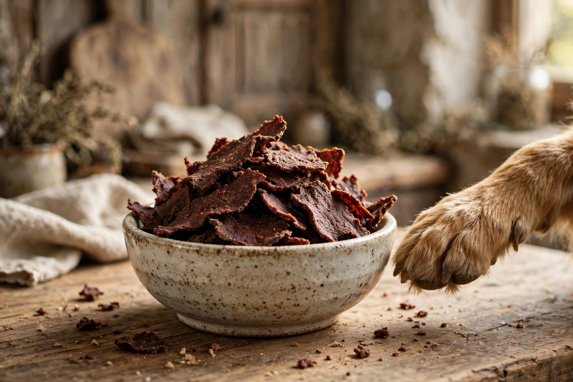 Dehydrated beef liver crisps in a ceramic bowl with a dog's paw reaching in.