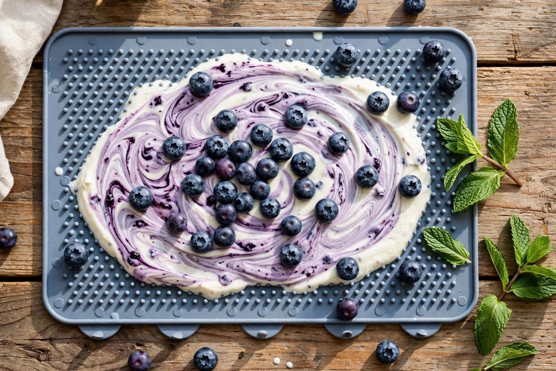 Blueberry and Greek yoghurt swirl spread on a silicone lick mat