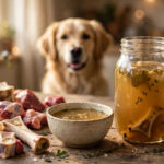 Mason jar of golden homemade bone broth with marrow bones and a golden retriever watching.