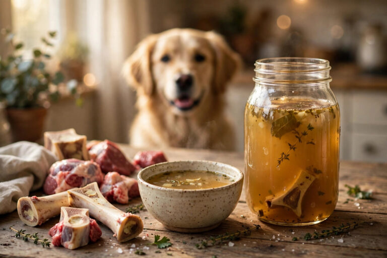 Mason jar of golden homemade bone broth with marrow bones and a golden retriever watching.