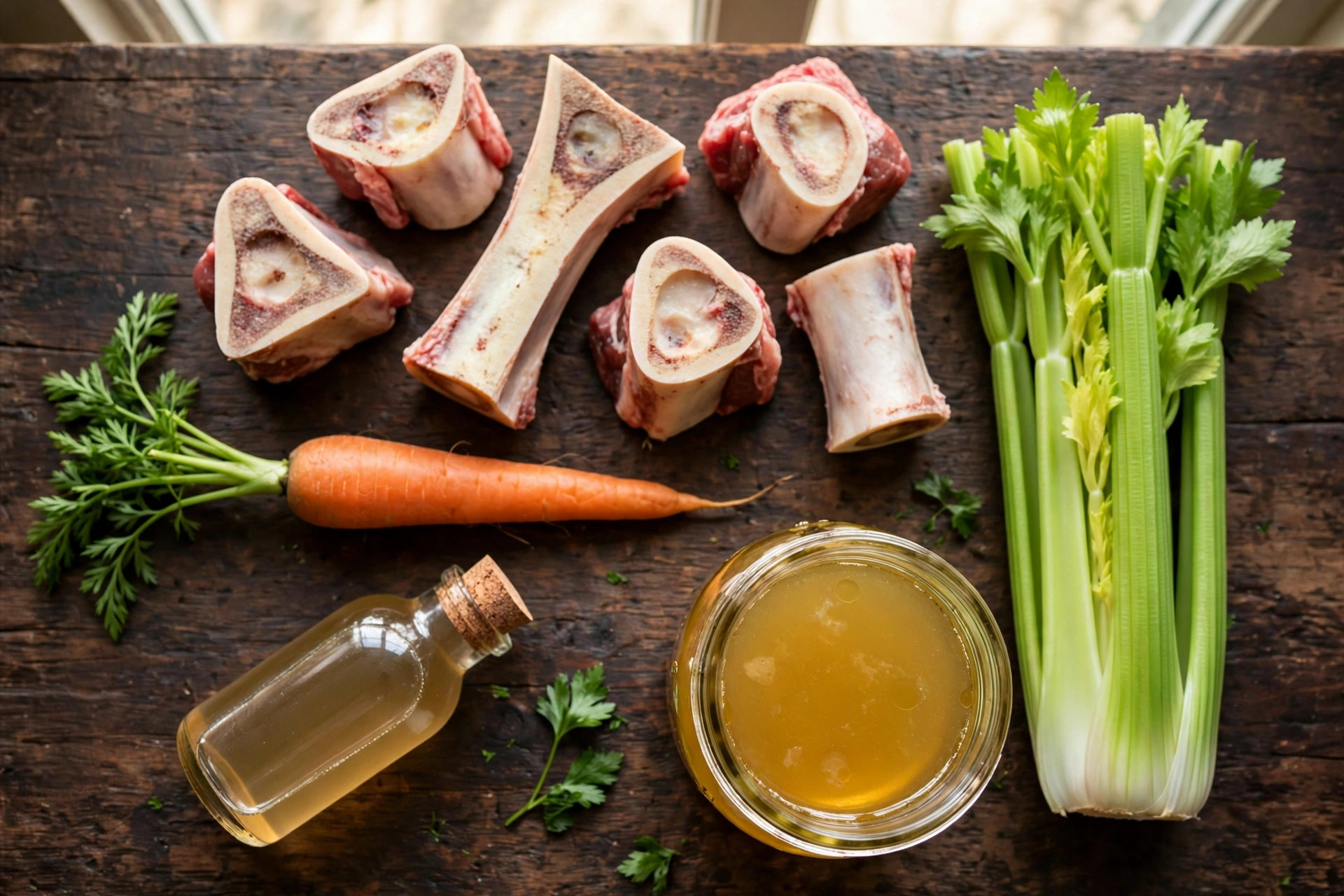 Dog-safe bone broth ingredients flat-lay: marrow bones, carrot, celery, apple cider vinegar.