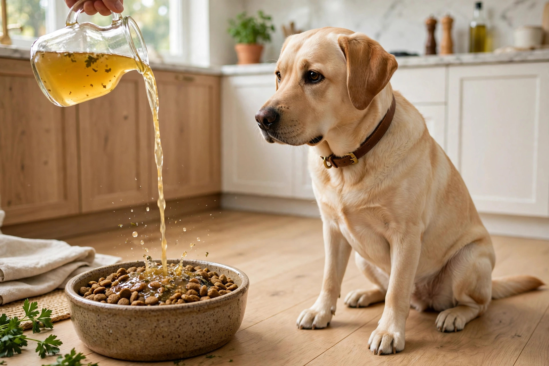 Bone broth being drizzled over kibble in a dog bowl, labrador watching.