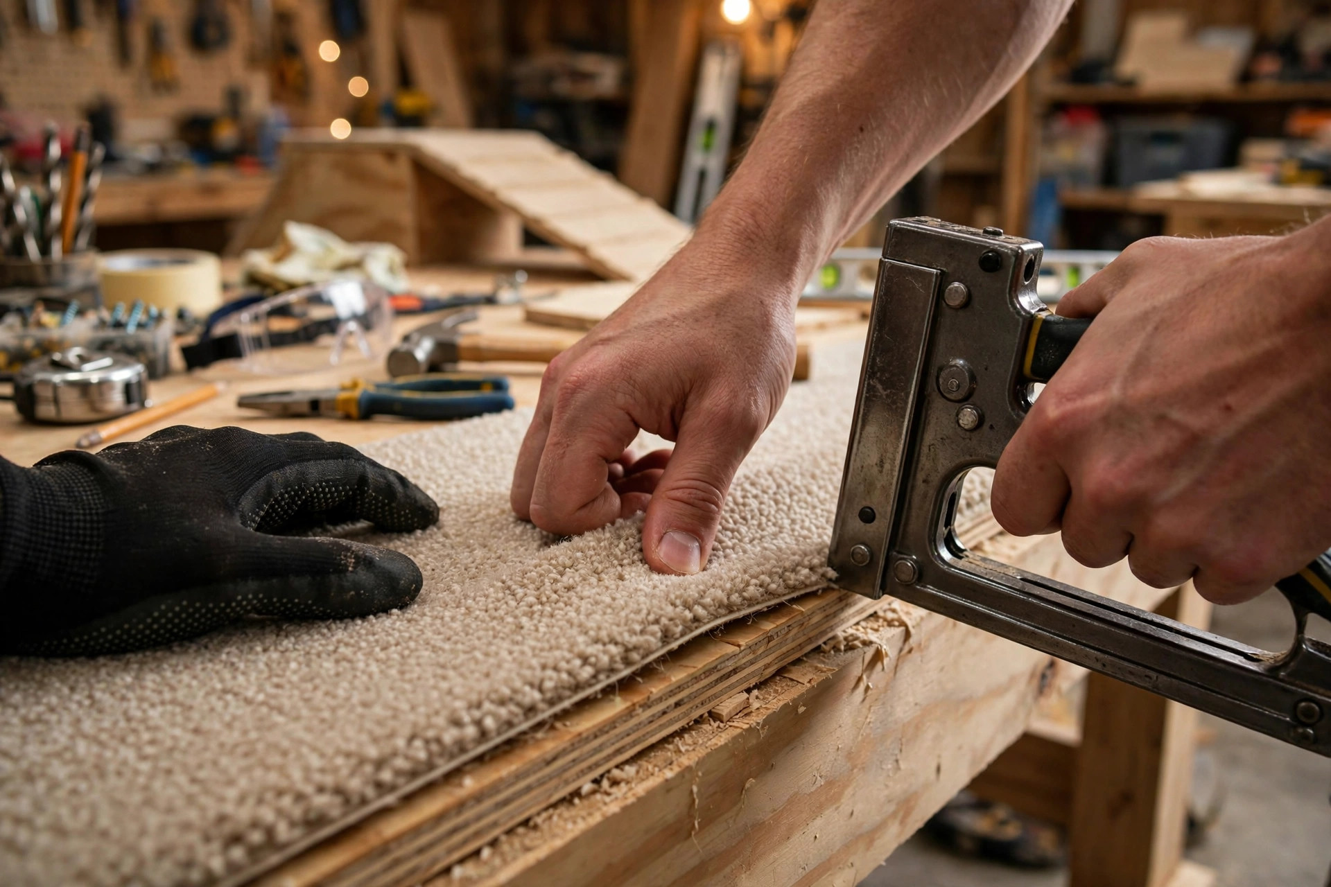 Hands stapling carpet onto plywood to build a non-slip DIY dog ramp surface.
