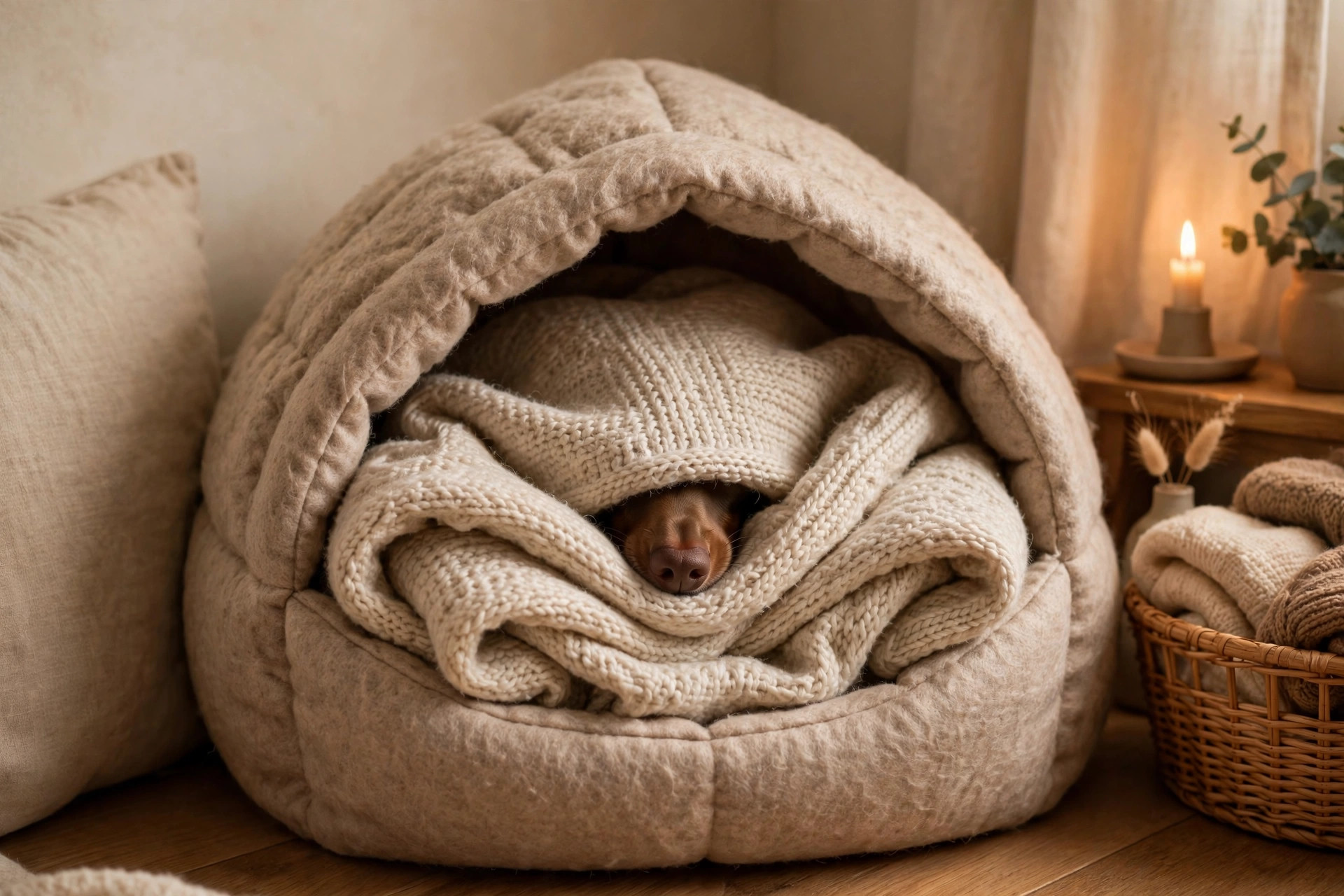 Dachshund burrowed under a knitted blanket inside a hooded cave-style dog bed