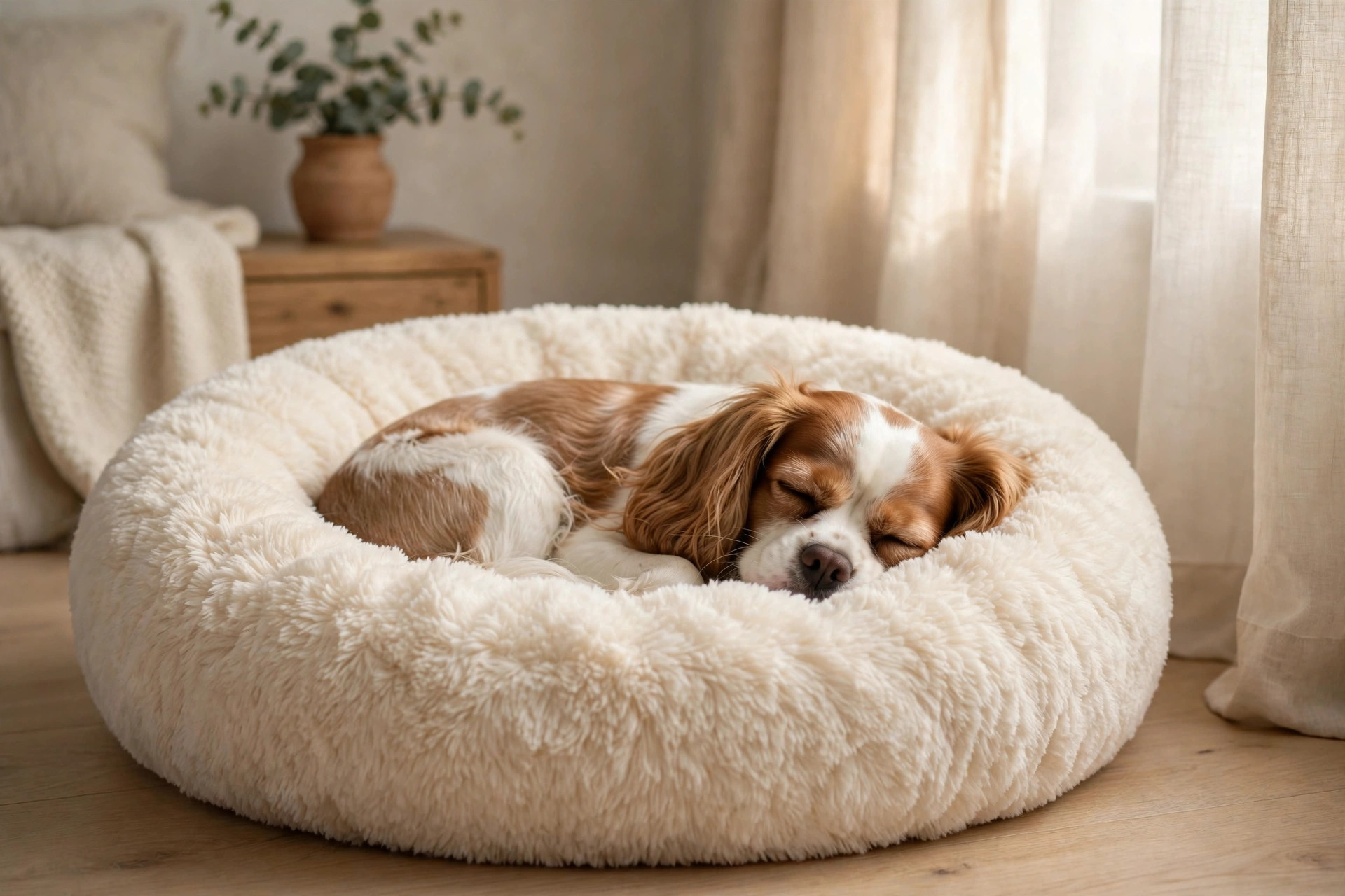 Cavalier King Charles spaniel sleeping peacefully in a cream faux-fur calming donut bed in a softly lit bedroom.