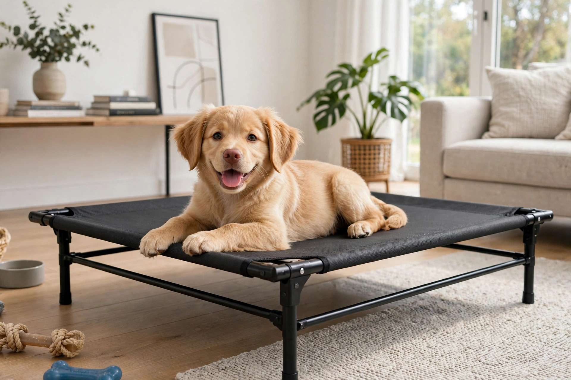 Puppy lying on a chew-proof elevated camp-style dog cot