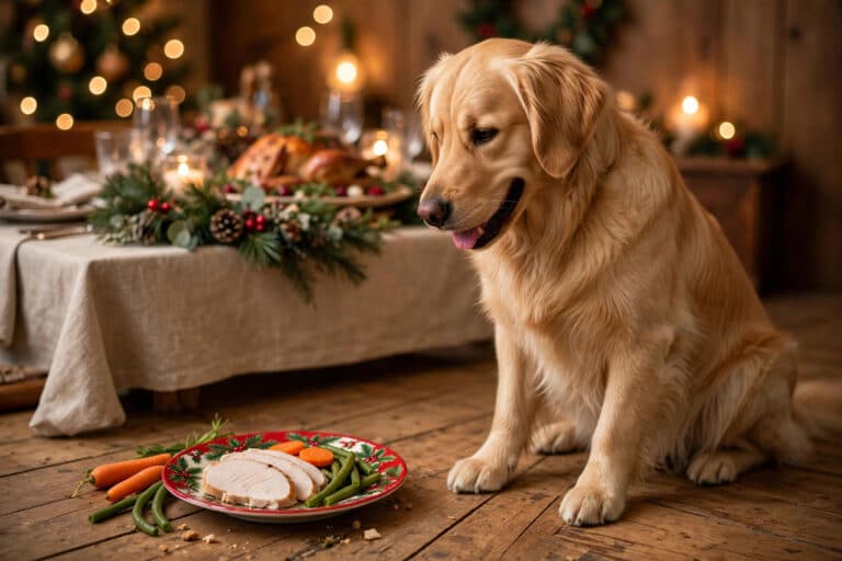 Dog-safe Christmas dinner plate — plain turkey, carrots and green beans for dogs.