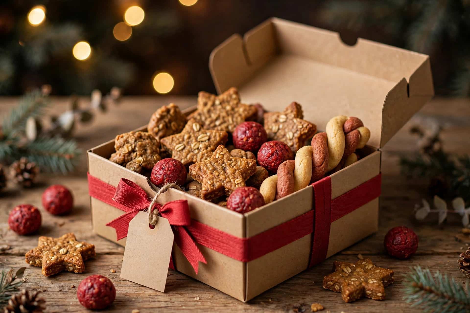 Kraft gift box of assorted homemade Christmas dog treats with a red ribbon and gift tag
