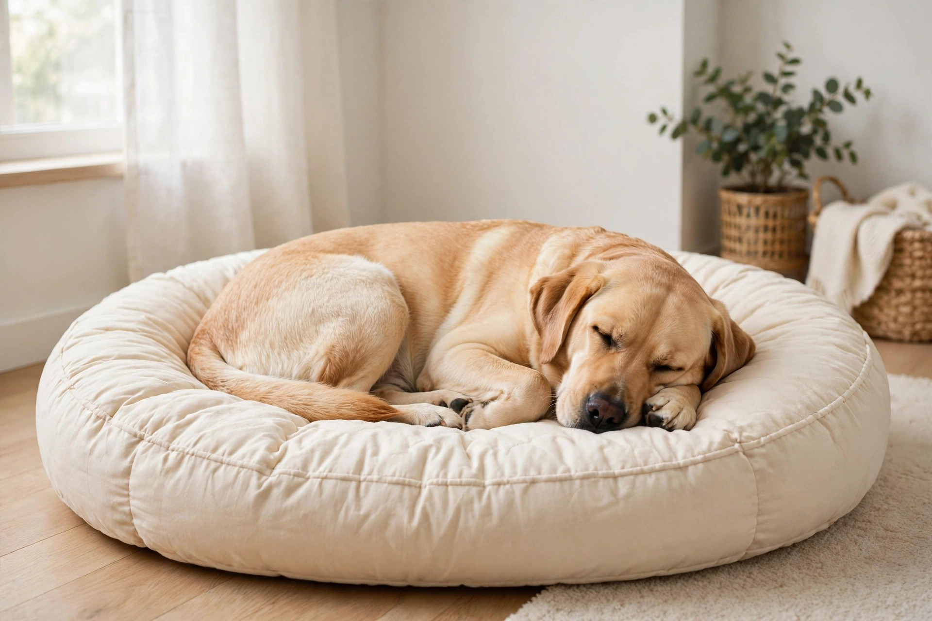 Labrador sleeping on a freshly washed clean dog bed.