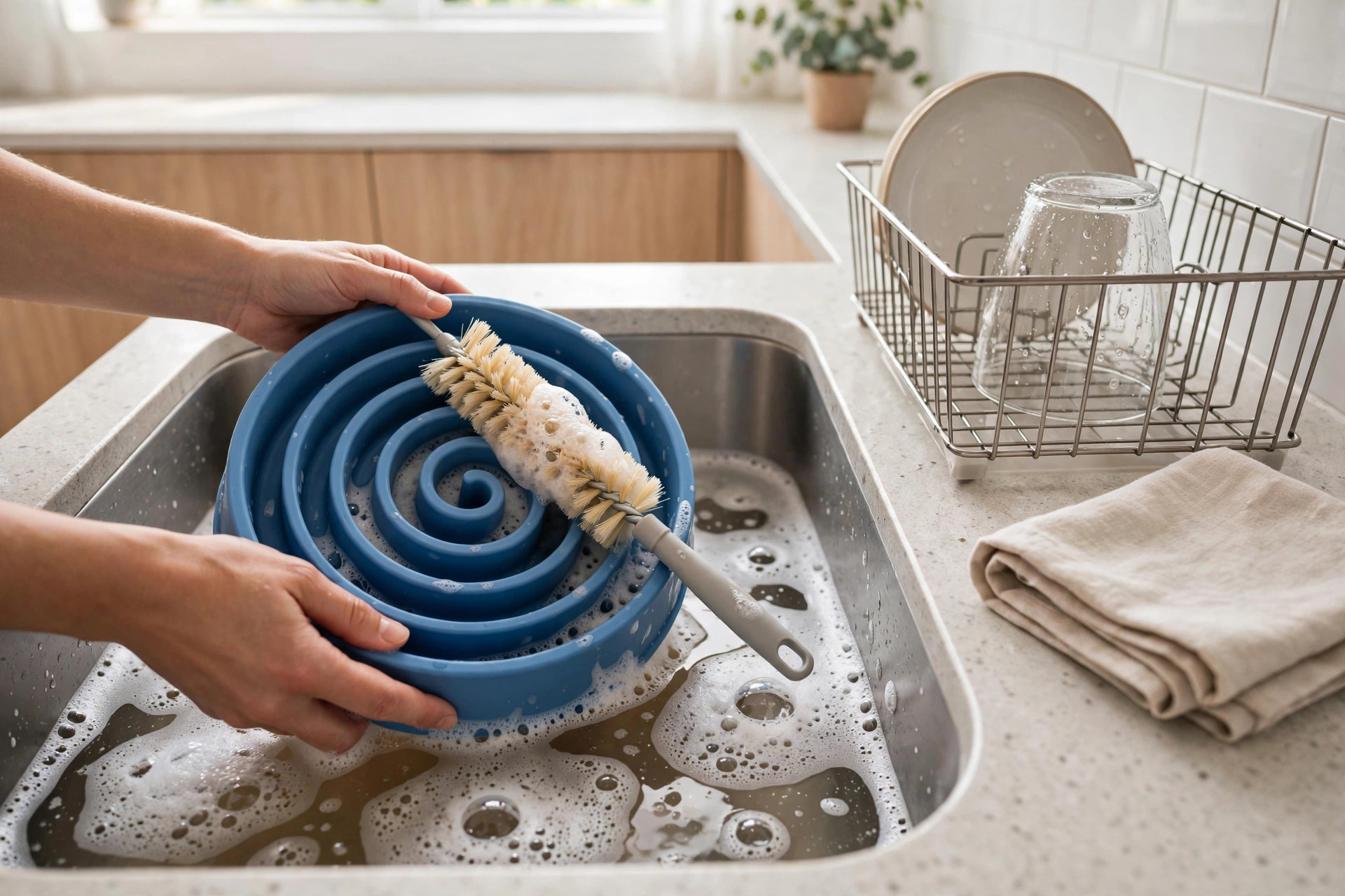 Washing a spiral maze slow feeder bowl with a bottle brush in the kitchen sink.