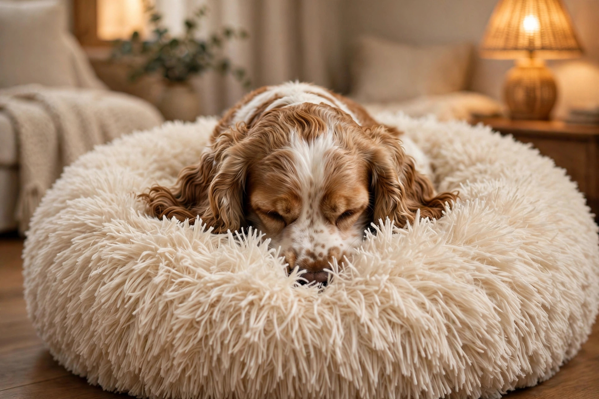 Cocker spaniel nuzzling its nose into the long-pile faux-fur centre of a calming donut dog bed.