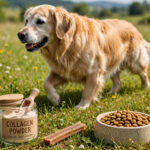 Senior golden retriever running in a meadow with a jar of collagen powder and a collagen stick beside a dog food bowl.
