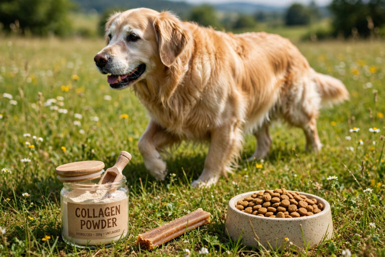 Senior golden retriever running in a meadow with a jar of collagen powder and a collagen stick beside a dog food bowl.