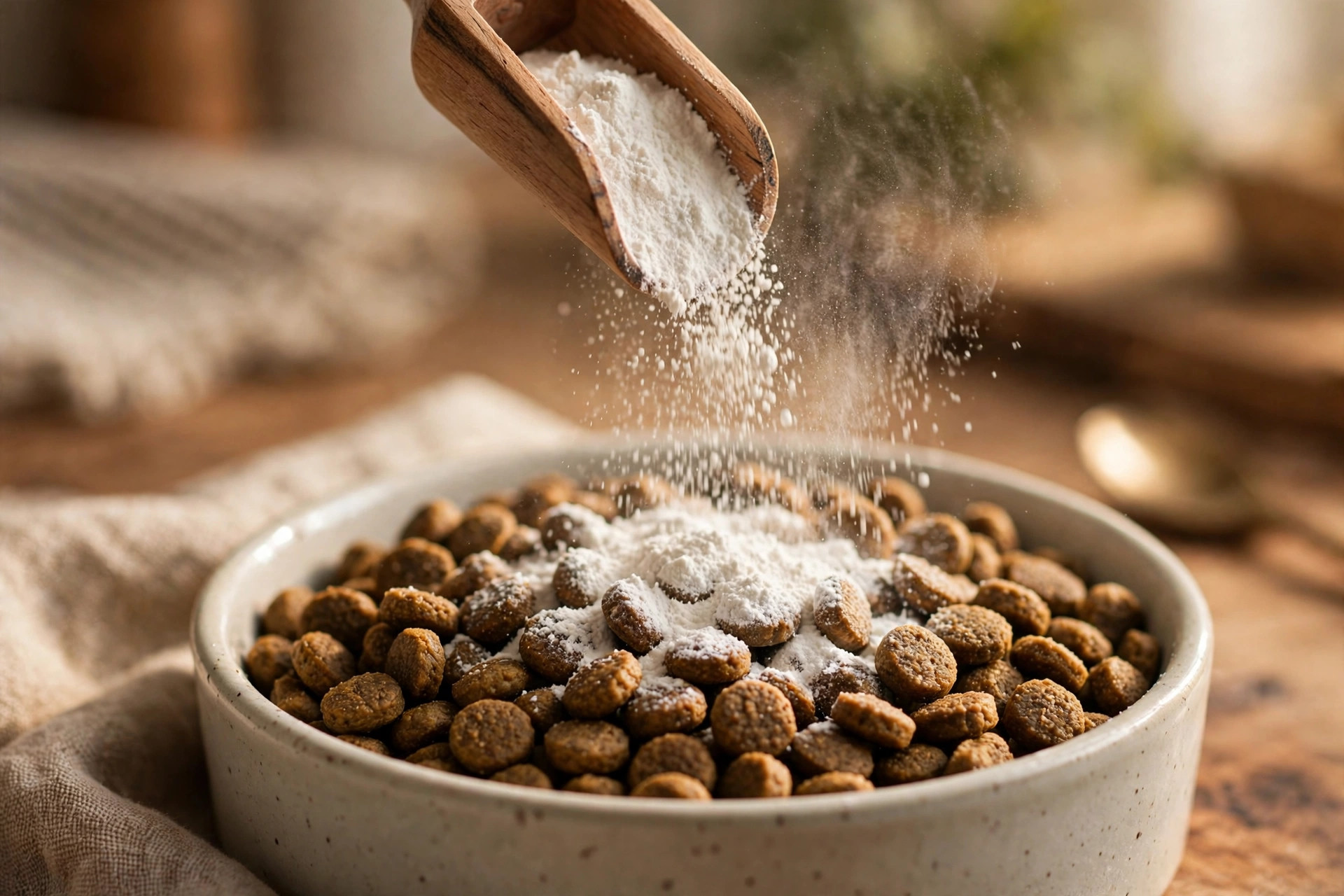 Collagen powder being sprinkled from a wooden scoop over a bowl of dog kibble.