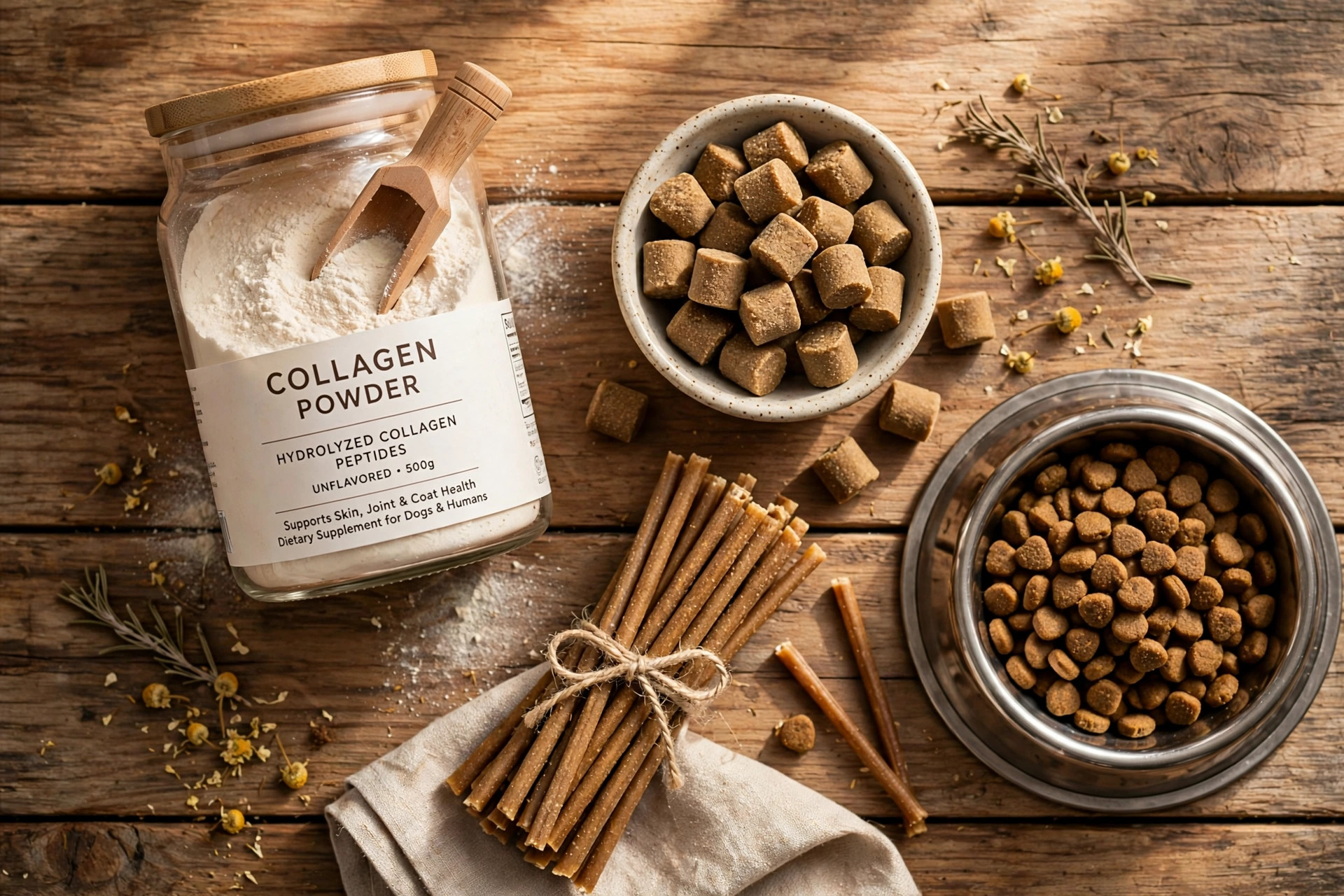 Collagen powder jar, collagen chews and collagen sticks arranged on a wooden table beside a dog bowl.