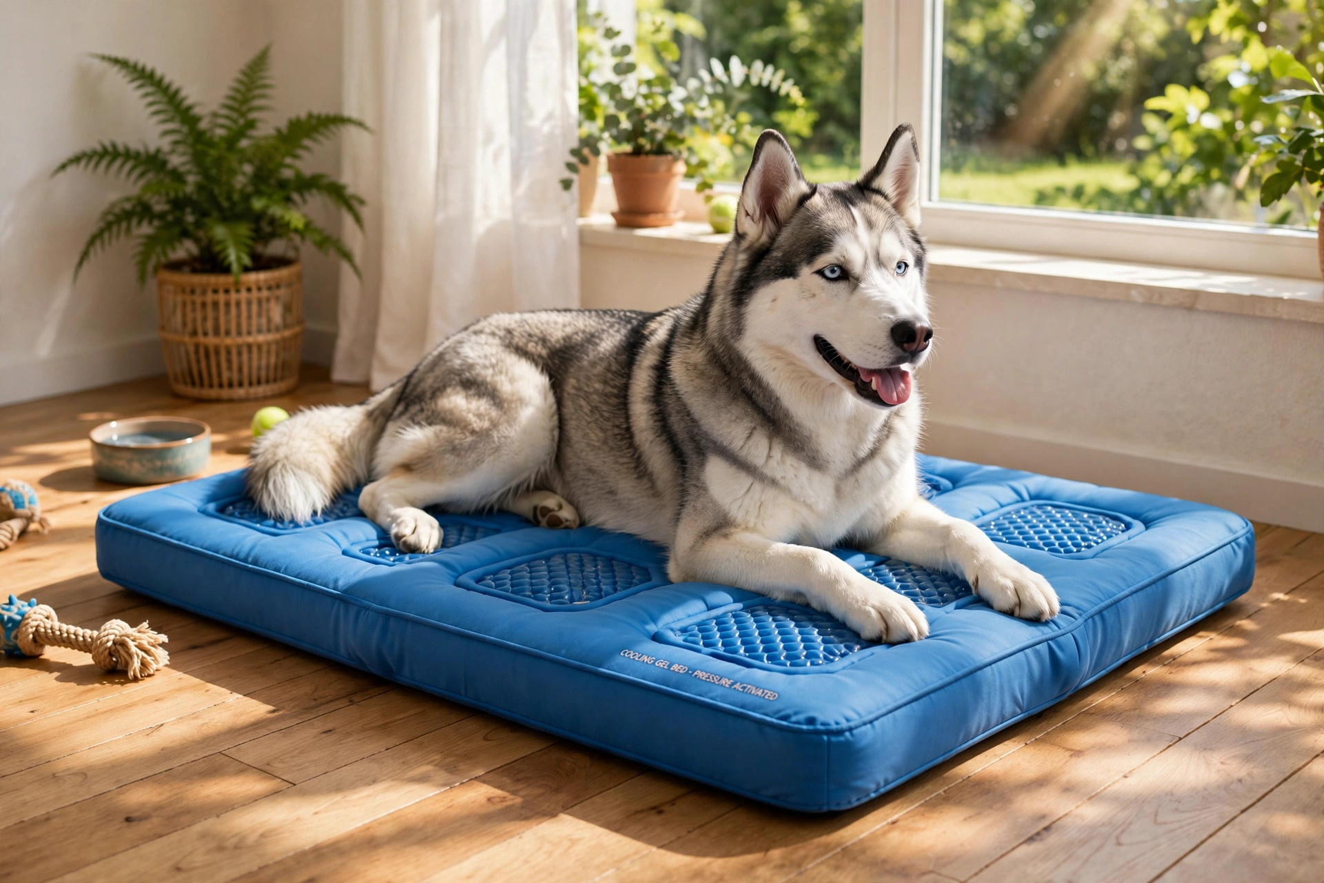Husky lying on a blue pressure-activated cooling gel dog bed by a sunny window
