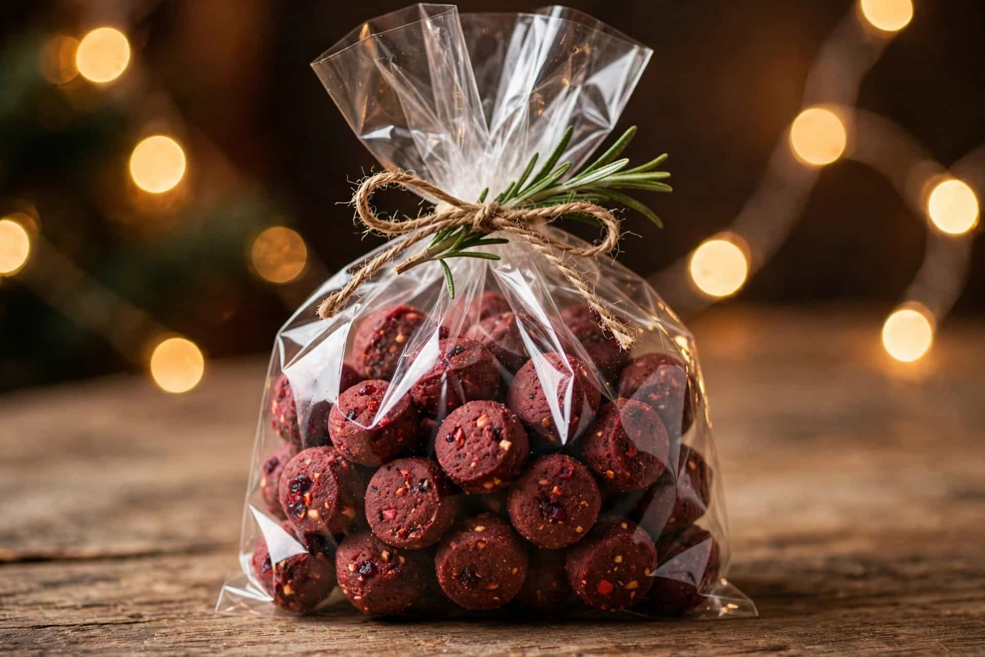 Red cranberry apple dog treats in a cellophane gift bag tied with twine and a sprig of rosemary