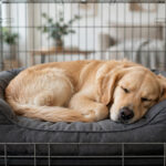 Golden retriever resting on a fitted crate dog bed inside a wire crate.
