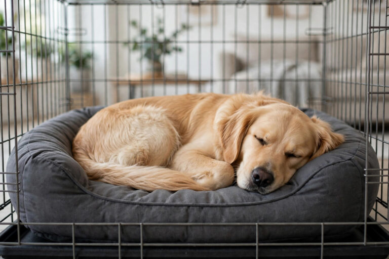 Golden retriever resting on a fitted crate dog bed inside a wire crate.