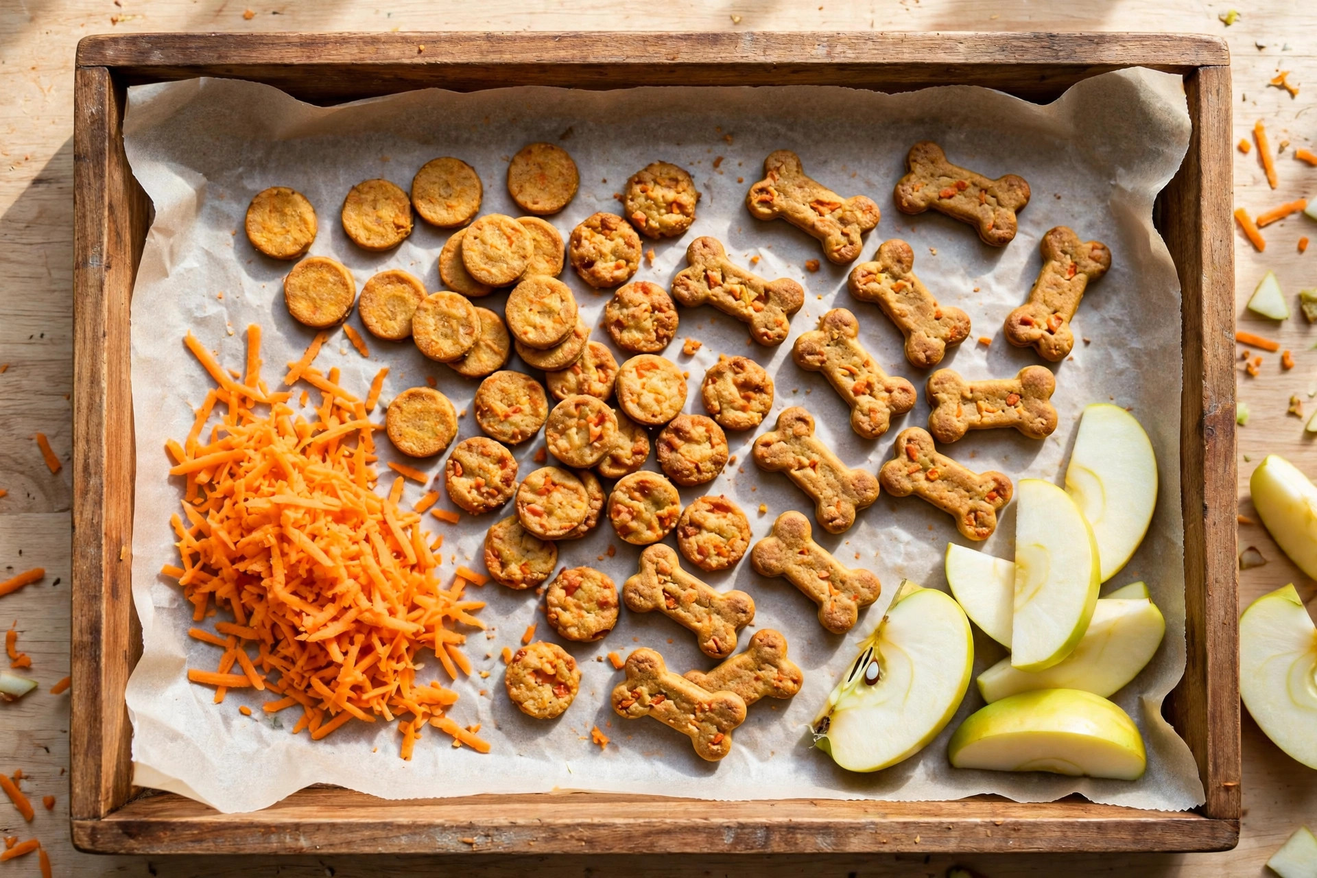 Crunchy homemade carrot and apple dental dog treats on a baking tray.