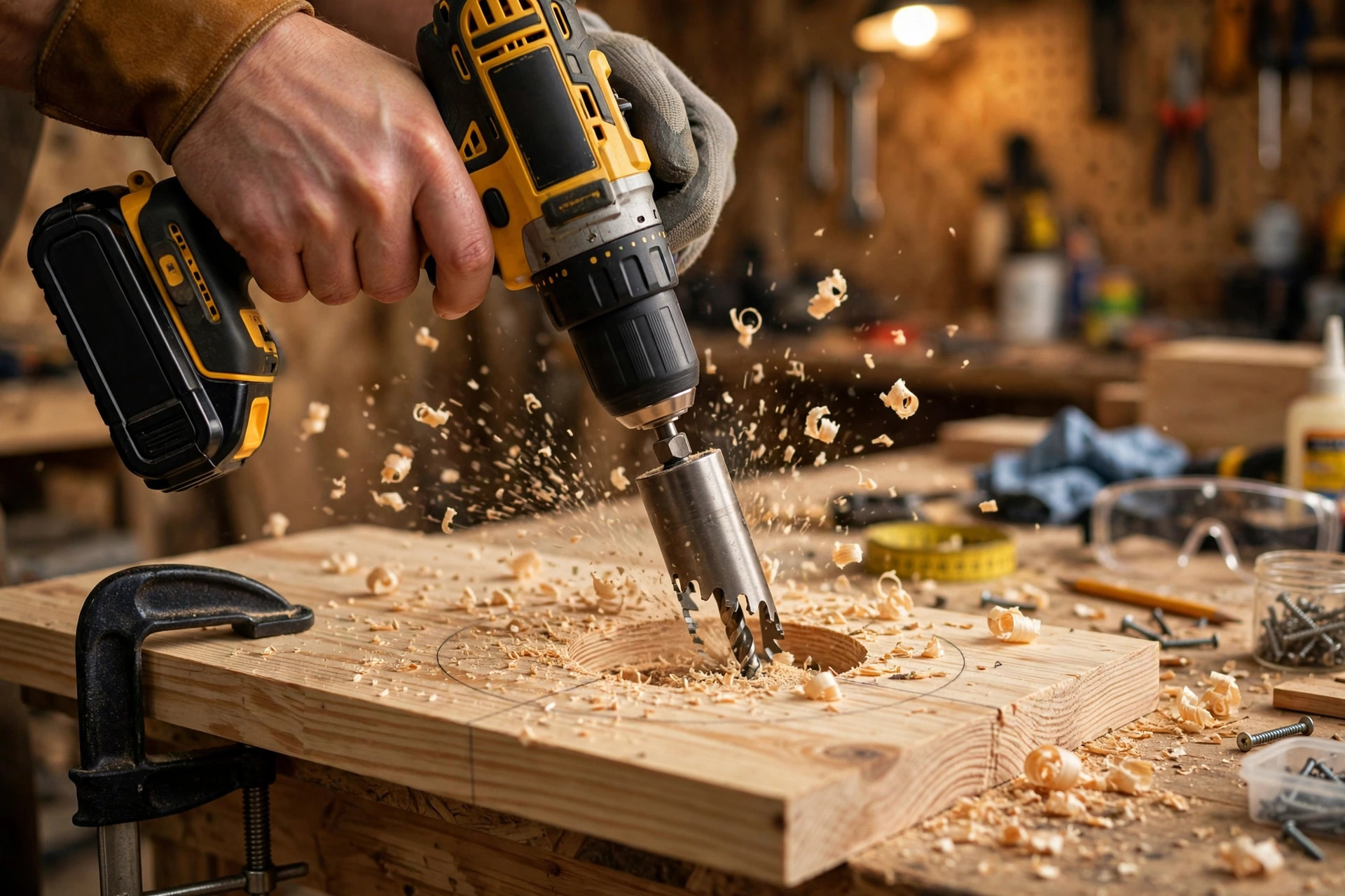 Cutting a bowl hole in a pine board with a hole saw drill for a DIY raised dog feeder.