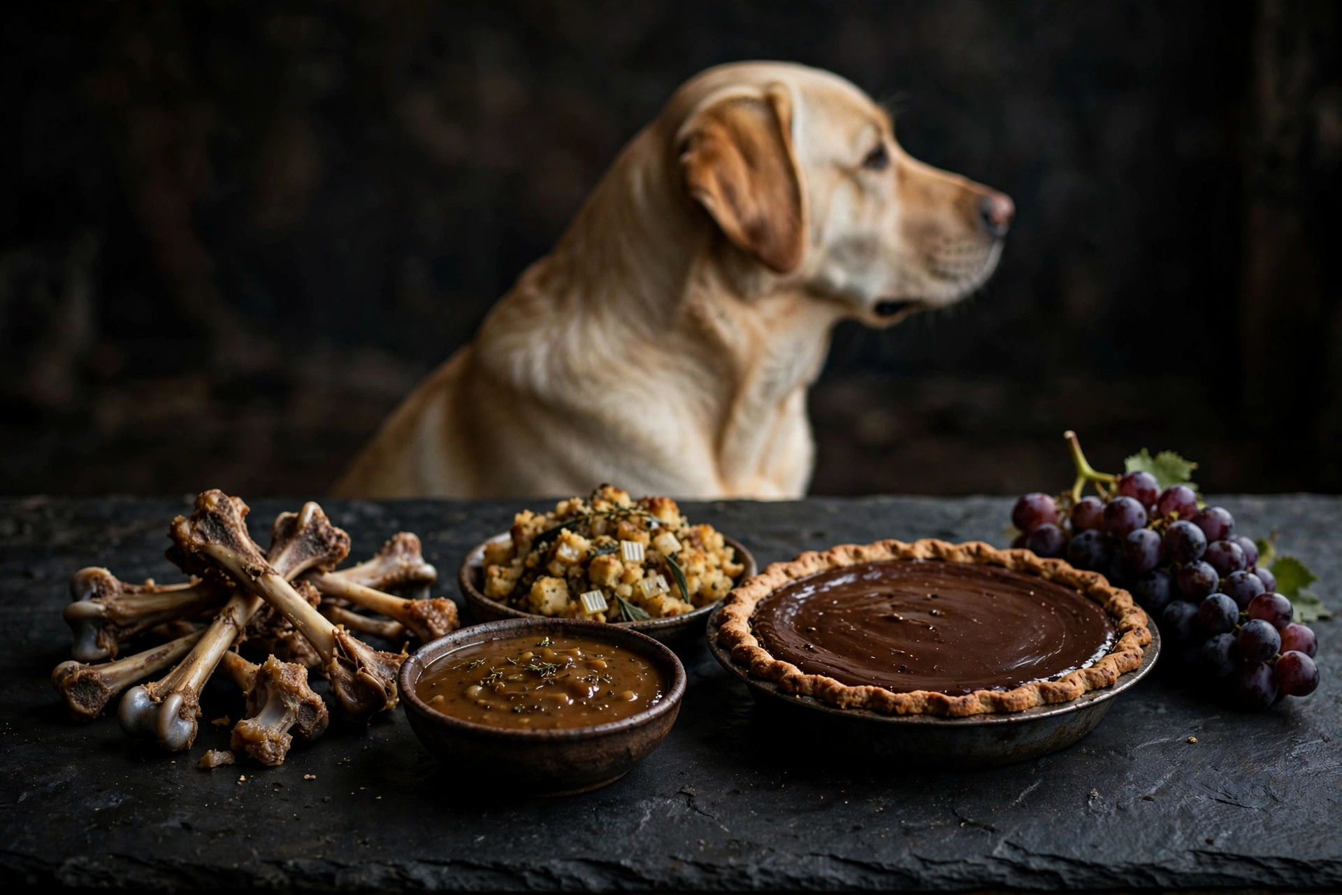 Dangerous Thanksgiving foods for dogs — turkey bones, gravy, stuffing, chocolate pie and grapes.