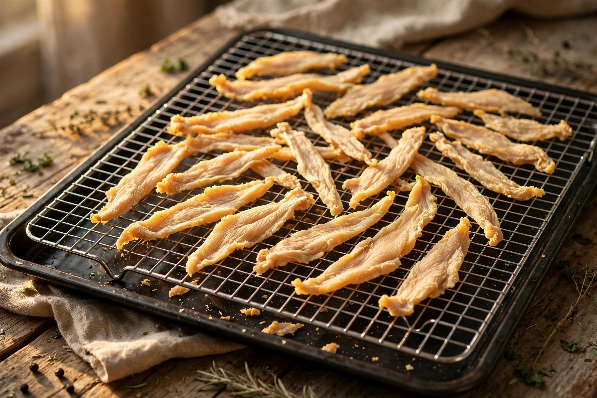Dehydrated chicken breast strips on a wire rack — homemade single-ingredient dog treats.