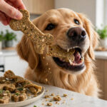Golden retriever crunching a homemade dental dog treat in a bright kitchen.