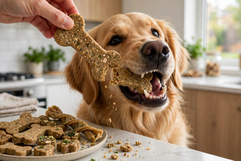 Golden retriever crunching a homemade dental dog treat in a bright kitchen.