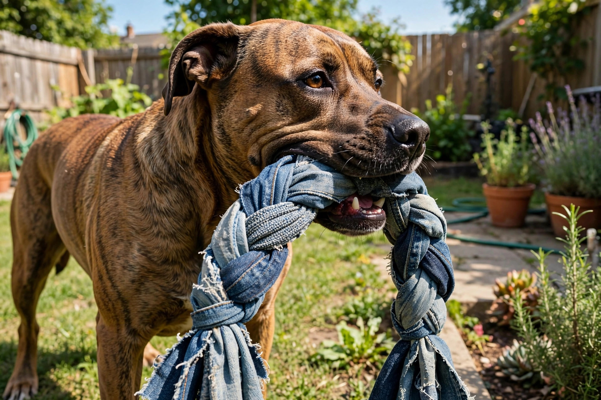 Sturdy dog chewing a braided denim tug toy in a backyard.