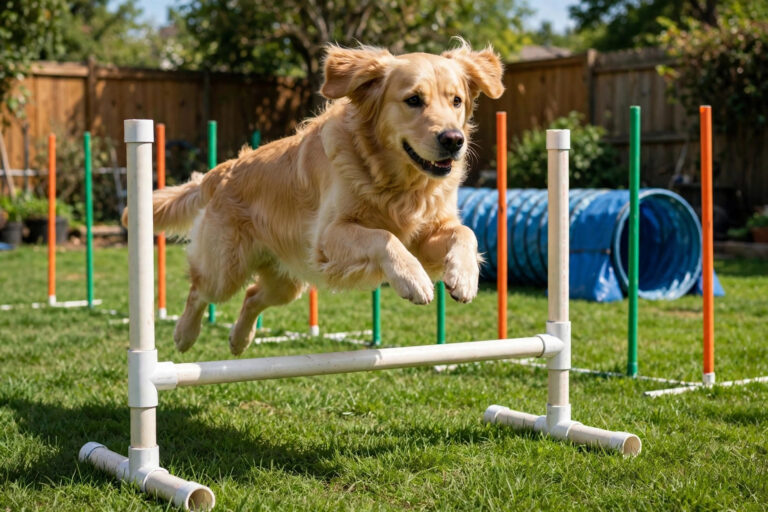 Golden retriever mid-leap over a homemade PVC jump in a backyard DIY dog agility course