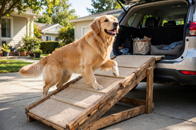 Golden retriever walking up a homemade wooden DIY dog ramp with a carpet non-slip surface.