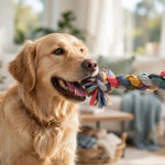 Golden retriever tugging a colourful braided t-shirt rope dog toy in a living room.