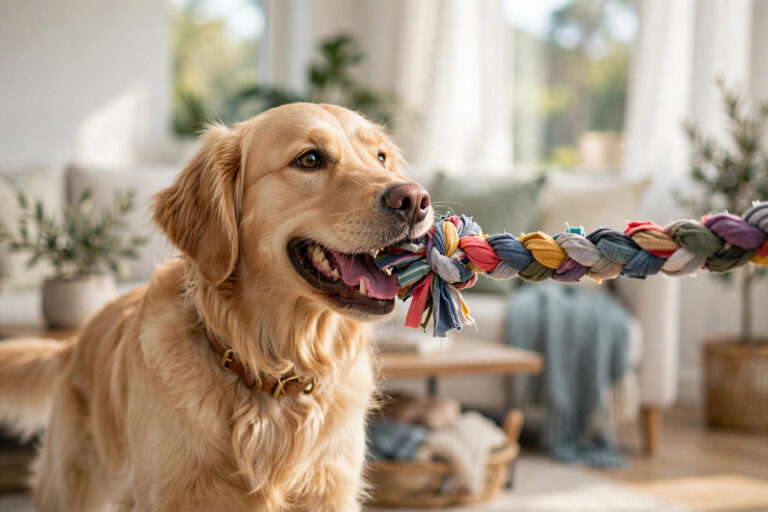 Golden retriever tugging a colourful braided t-shirt rope dog toy in a living room.