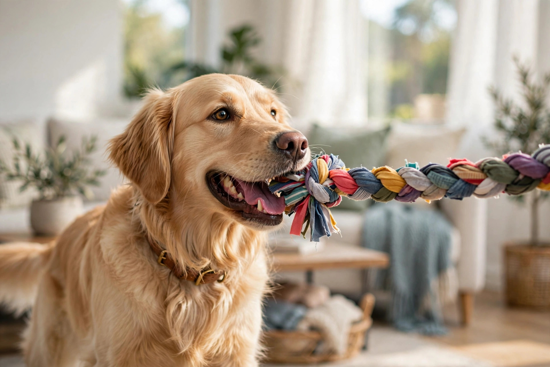 Golden retriever tugging a colourful braided t-shirt rope dog toy in a living room.