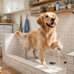 Golden retriever in a DIY mudroom dog wash station with a handheld shower sprayer