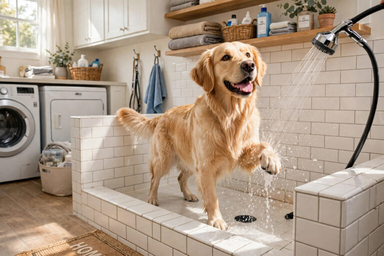 Golden retriever in a DIY mudroom dog wash station with a handheld shower sprayer