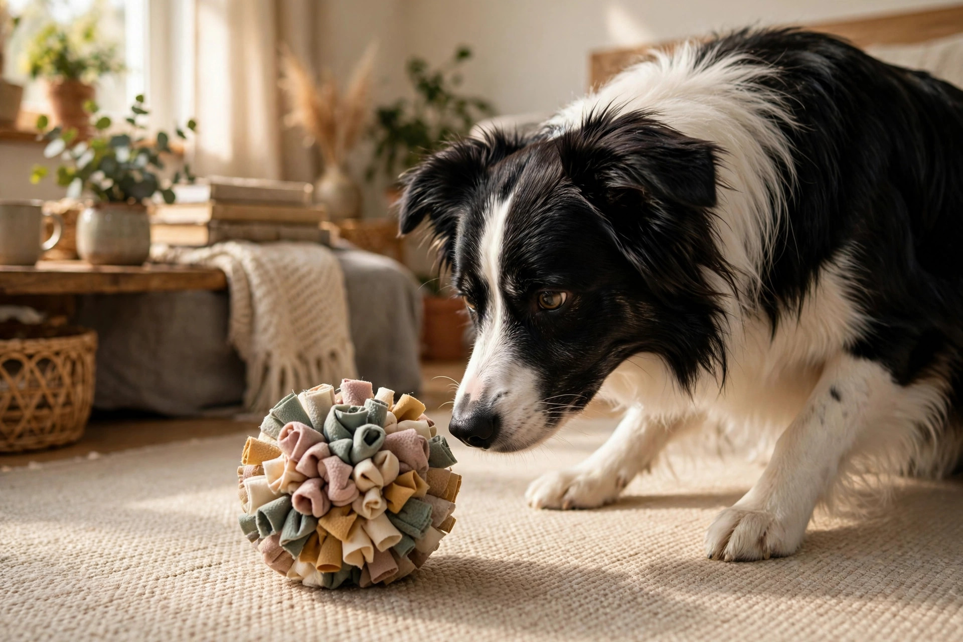 Border collie sniffing a handmade fleece snuffle ball on a rug.