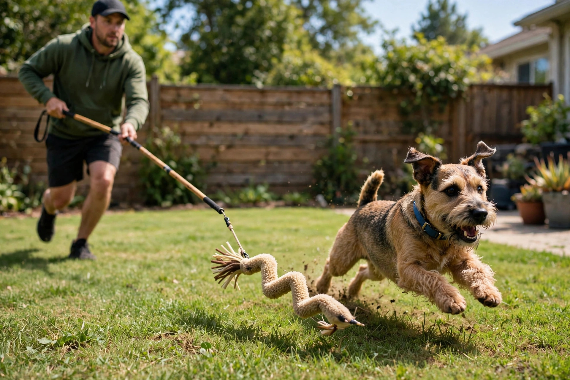 Terrier dog chasing a fleece lure dragged on grass with a flirt pole.