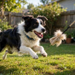 Border collie chasing a homemade flirt pole lure in a backyard — DIY flirt pole for dogs.
