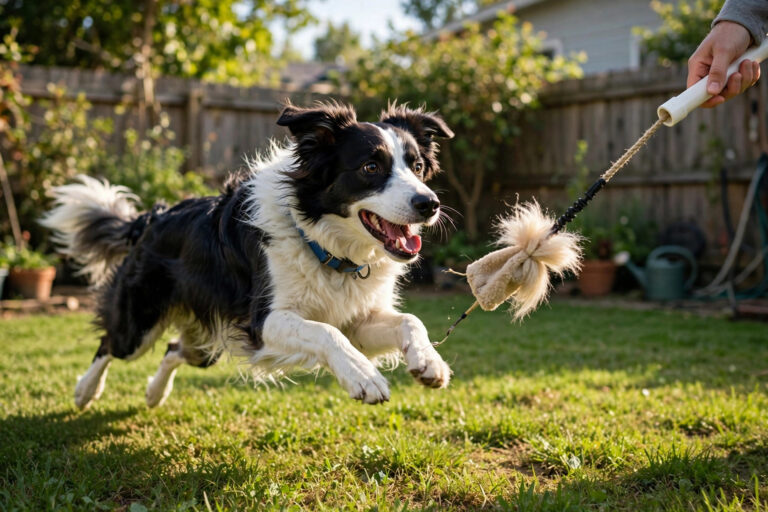 Border collie chasing a homemade flirt pole lure in a backyard — DIY flirt pole for dogs.