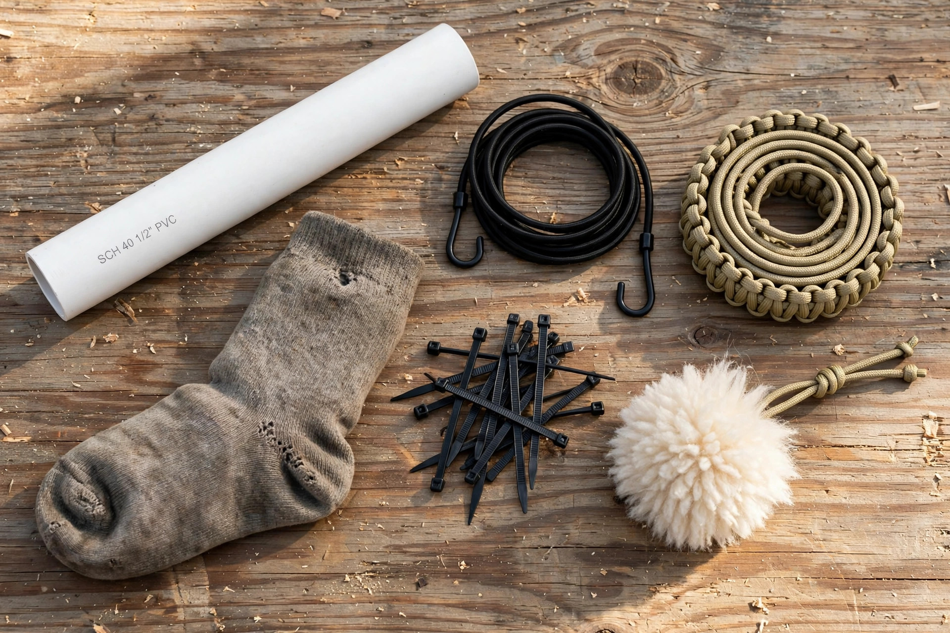 Flatlay of DIY flirt pole materials: PVC pipe, bungee cord, paracord, cable ties, sock and fleece lure.