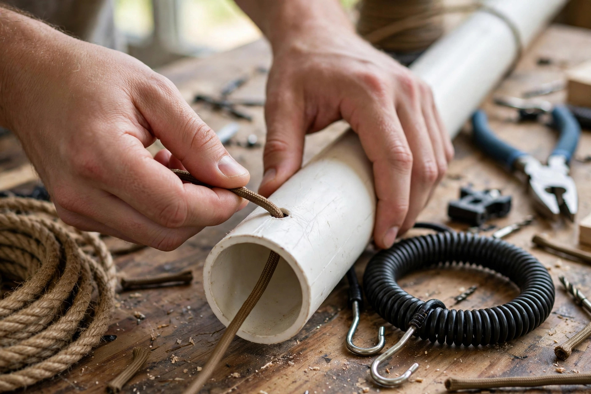 Hands threading paracord through a PVC pipe while building a DIY flirt pole.