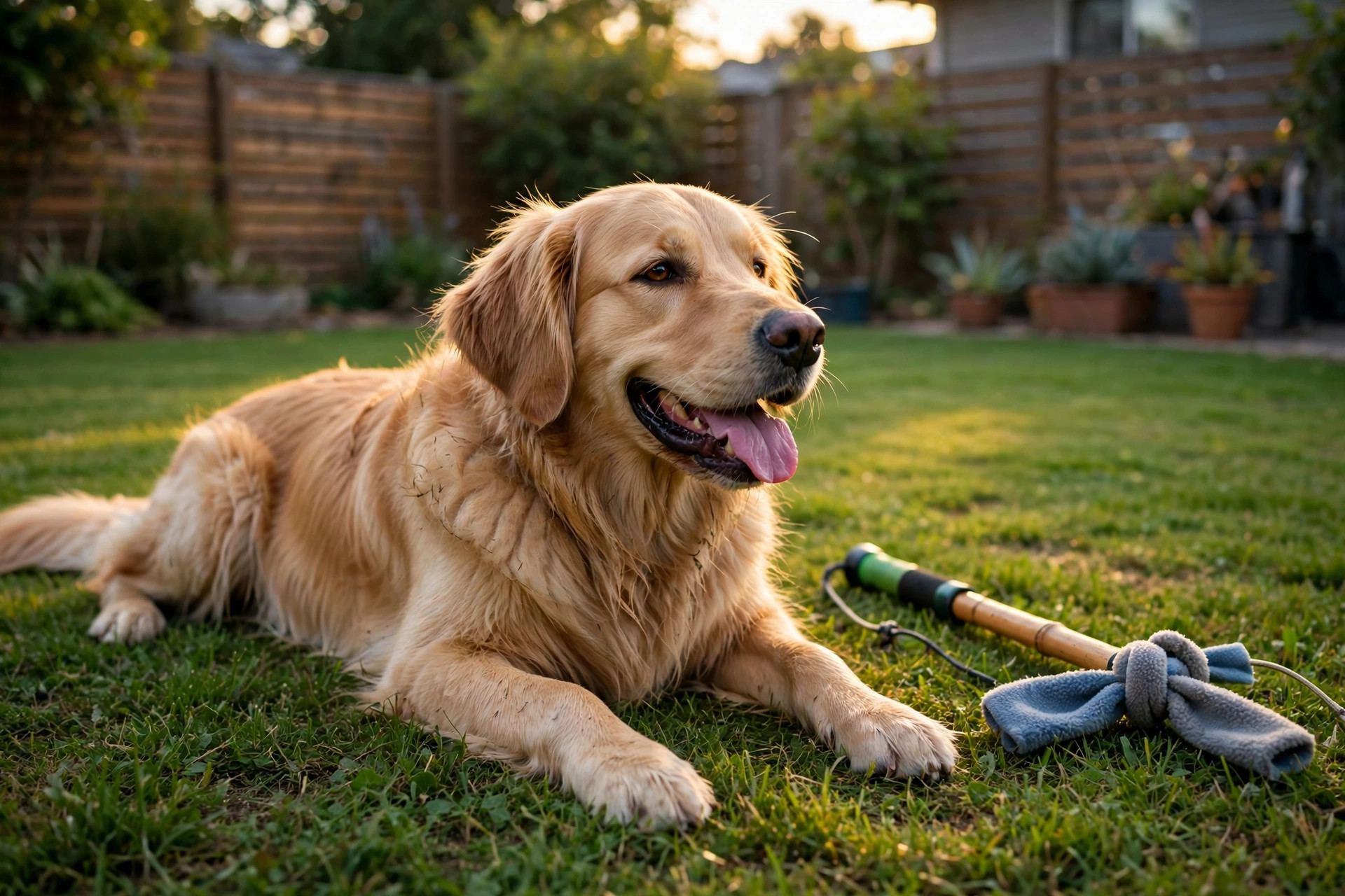 Tired golden retriever resting on grass next to a flirt pole after play.