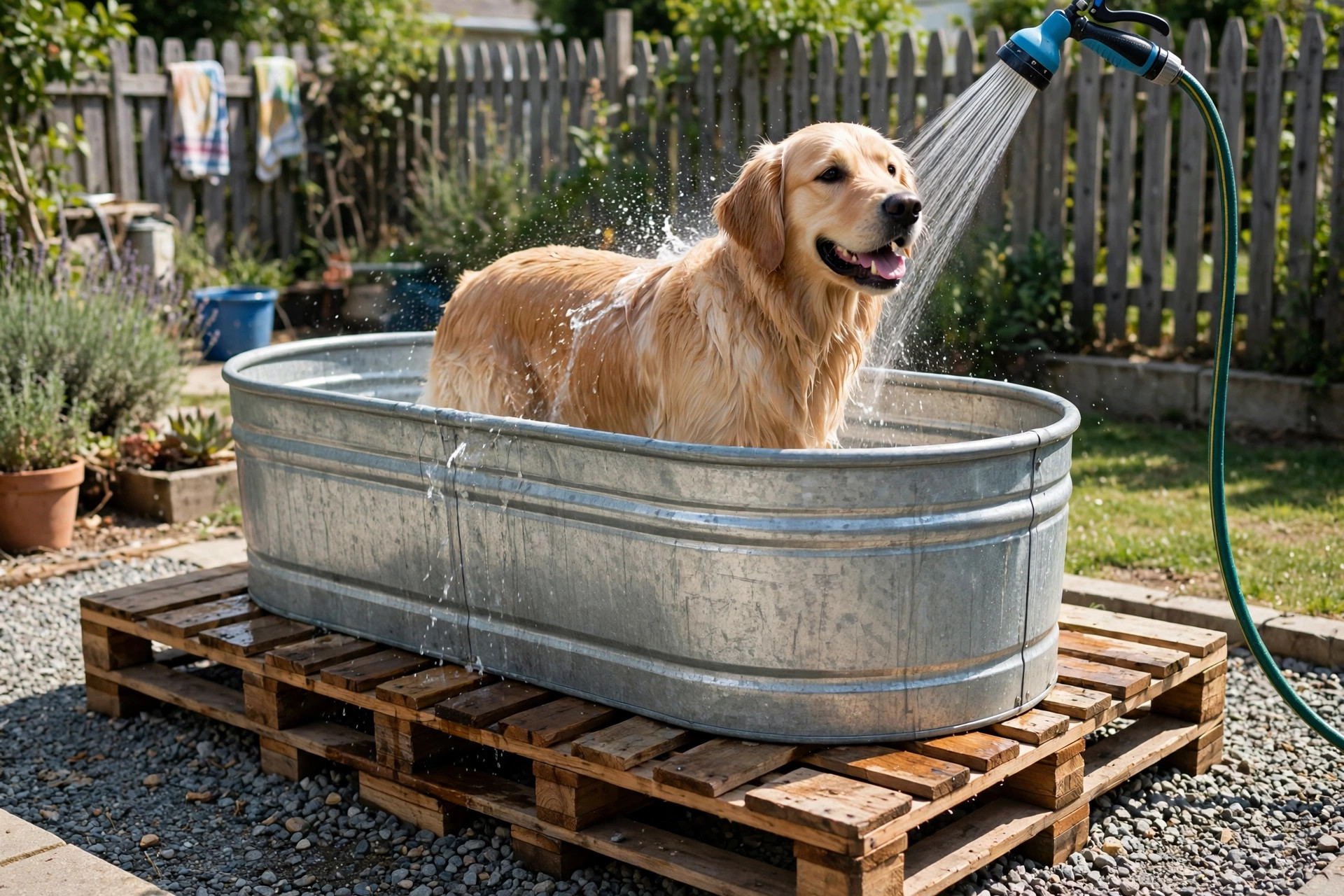 Golden retriever rinsed in a galvanised stock tank outdoor dog shower on a pallet platform