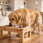Golden retriever eating from a DIY wooden raised dog feeder with stainless steel bowls.
